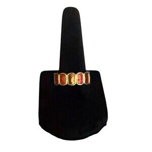 Vintage Amber Tone Enamel Gold Band Ring Red Orange Brown Rectangle Size 7